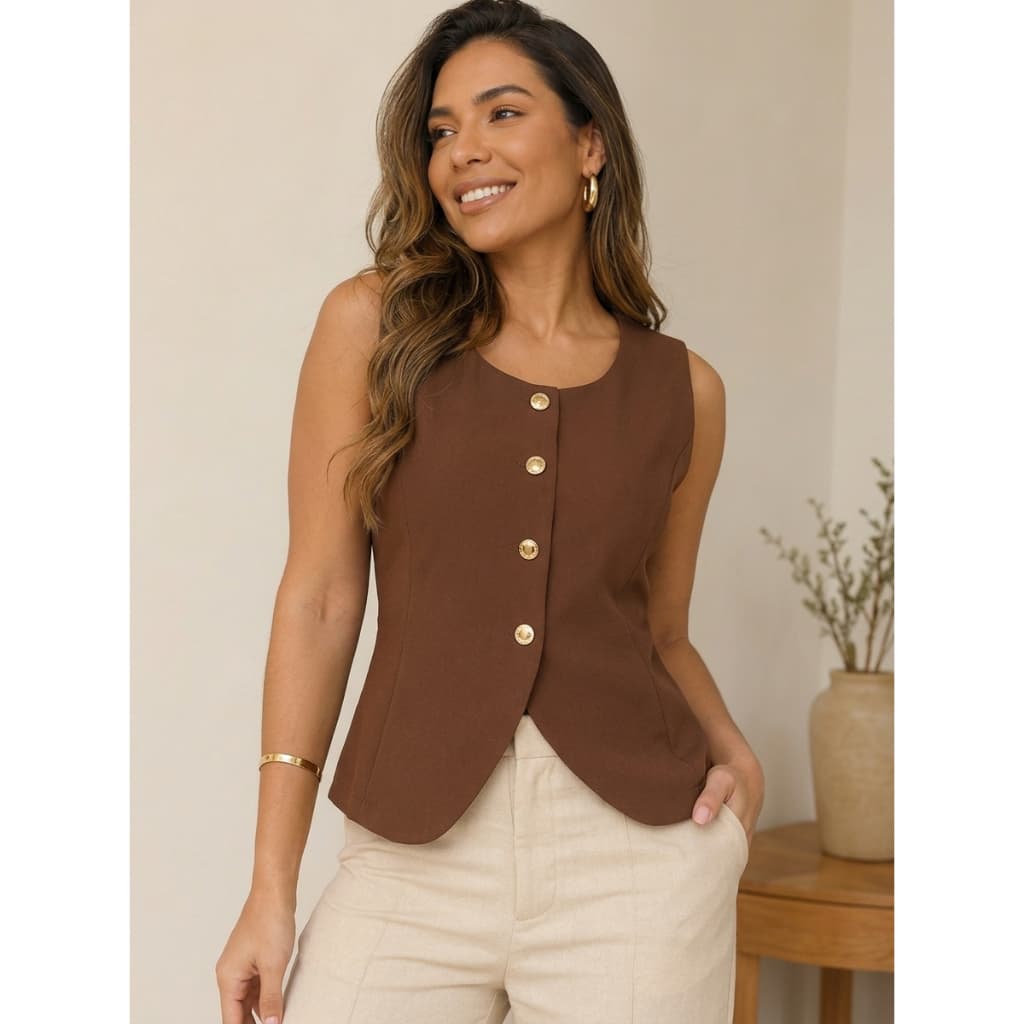 Colete Feminino Alfaiataria Botões Dourados Look Office Casual Chic Elegante COD195
