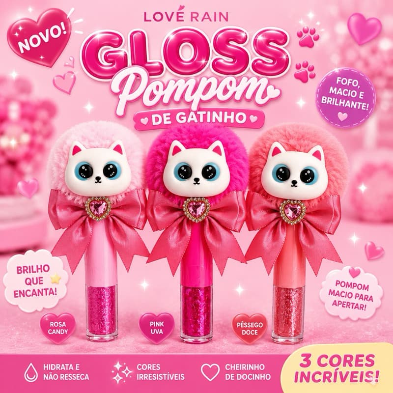 Gloss Labial Gatinho Pompom Love Rain Brilho Espelhado Hidratante