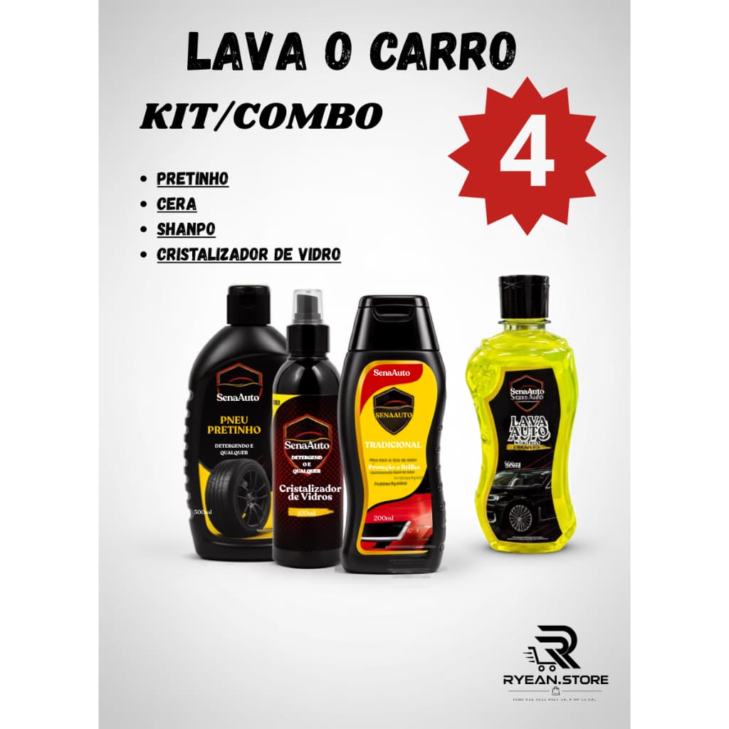 Kit lavar carro Completo Sena Auto - Shampoo + Pretinho + Cera + Cristalizador presento do pai