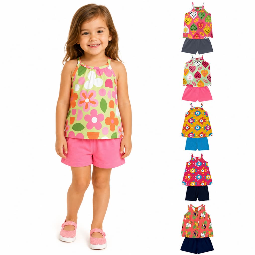 Conjunto Infantil Menina Kyly Verão Blusa Regata Leve Algodão e Shorts Moletom Macio Moda Kids Alça