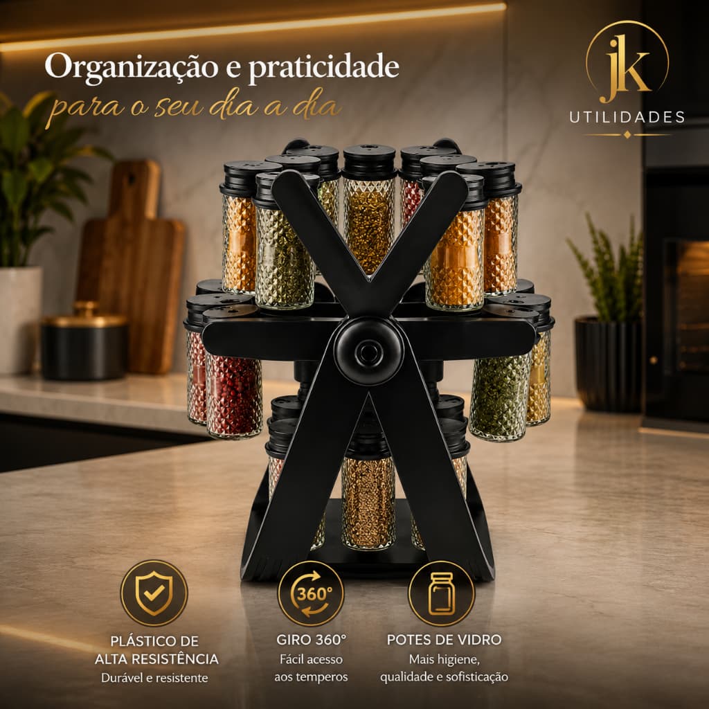 Porta Temperos Giratório 360 Roda Gigante Com 18 Potes De Vidro Tampa Com Dupla Regulagem De Saída Etiquetas de brinde