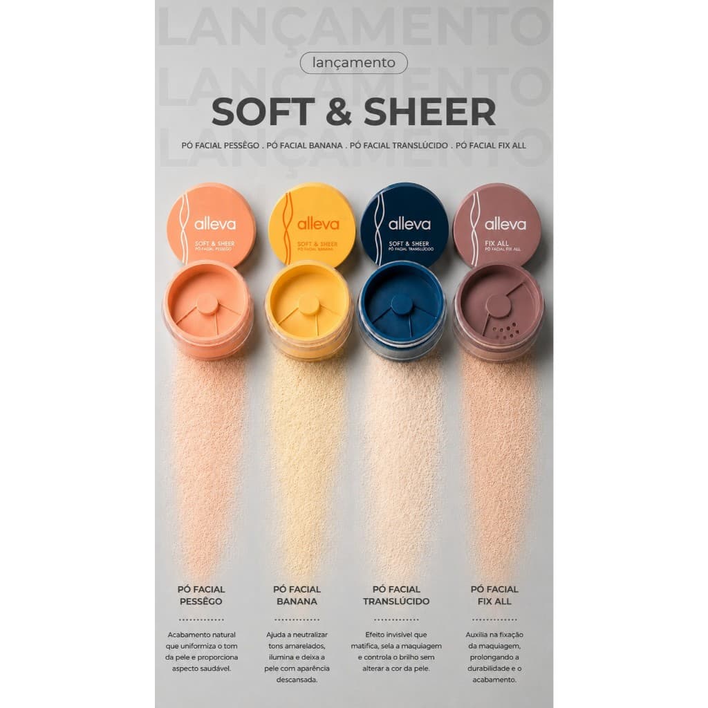 Pó Facial Solto Alleva Soft & Sheer | Banana, Pêssego, Translúcido e Fix All | Escolha a Cor