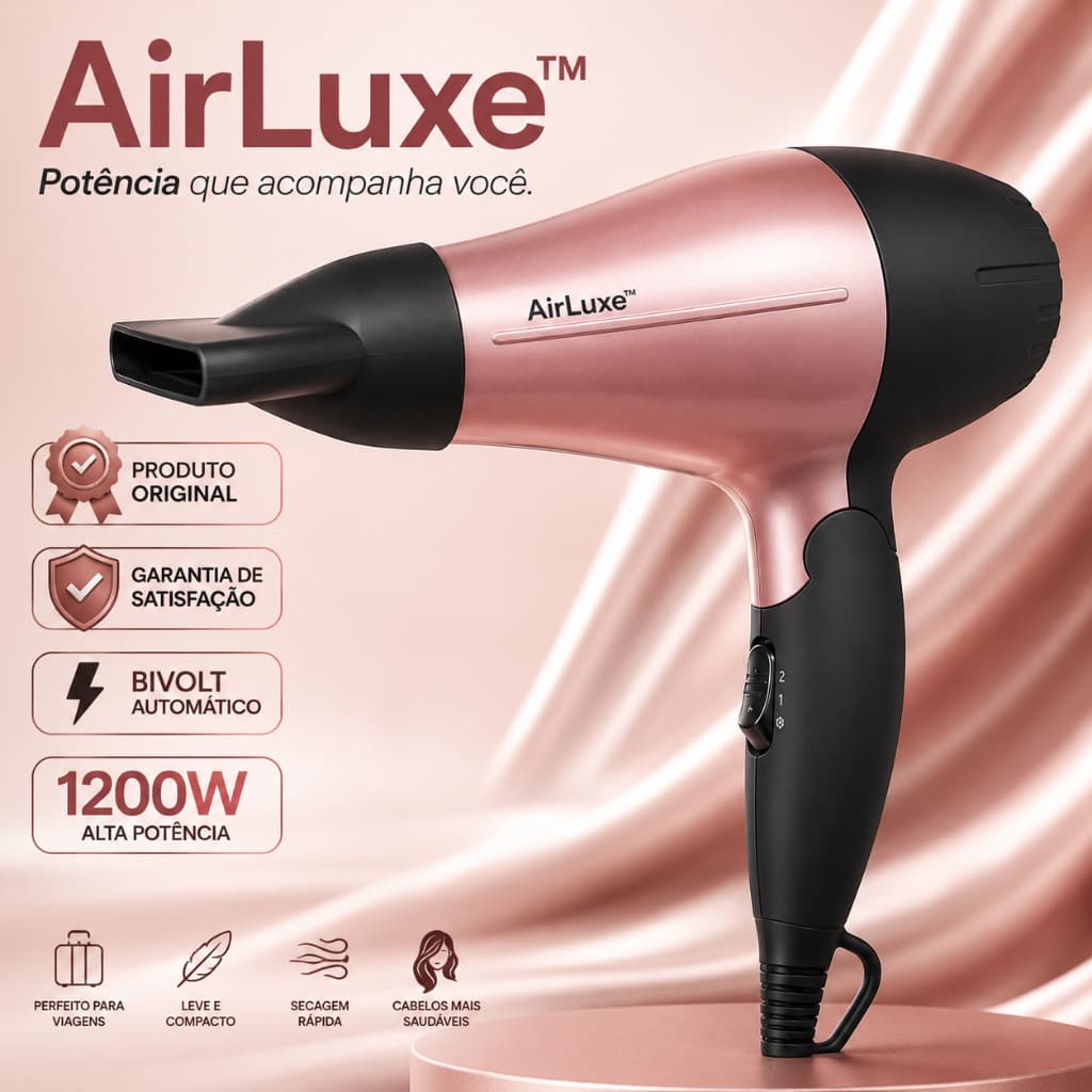 Secador de Cabelos Compacto Bivolt 1200W AirLuxe™ Portátil Leve Rosa Secagem Rápida para Viagem e Academia