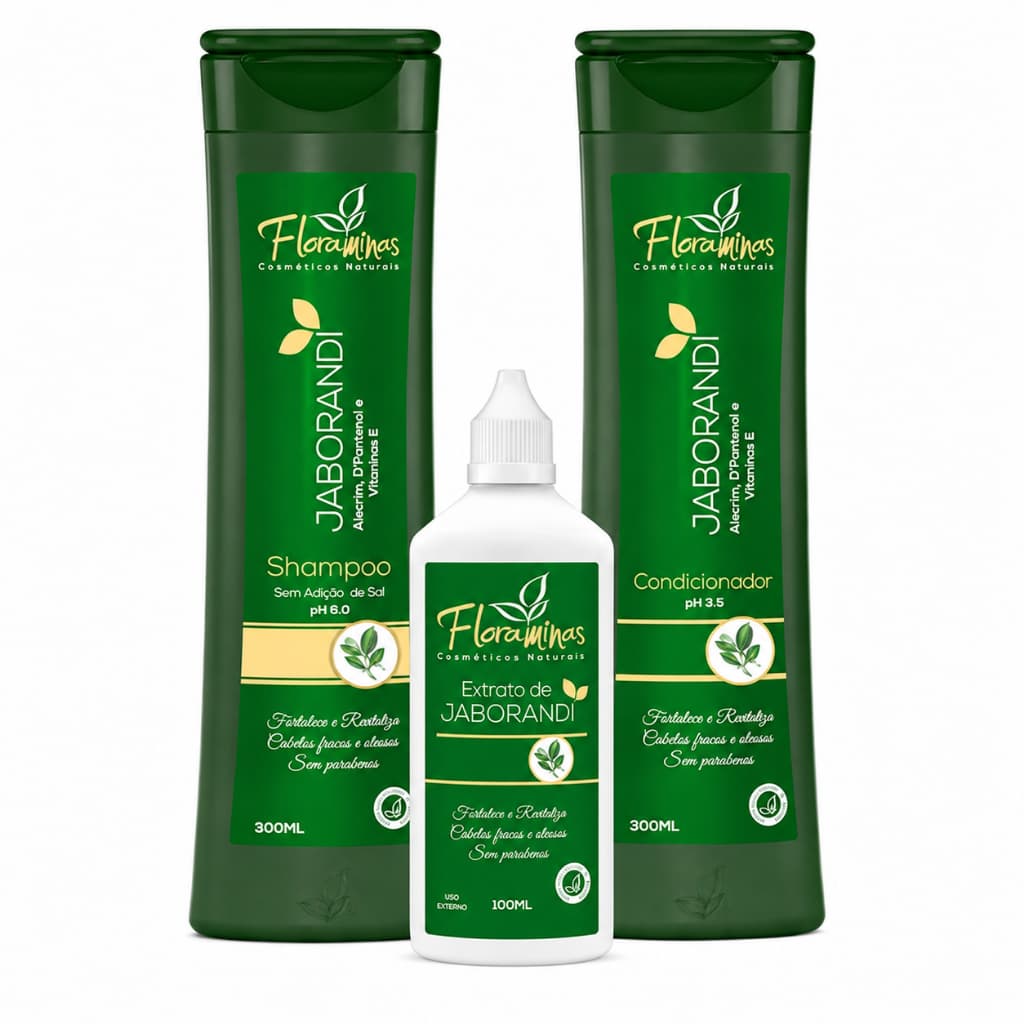 Kit Shampoo e Condicionador 300ml e Extrato de Jaborandi100ml, Alecrim, D’Pantenol e vitamina E Floraminas
