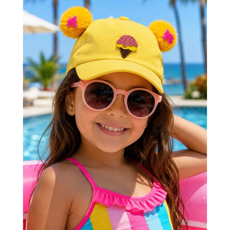 Boné infantil menina boné praia amarleo com aplique sorvete e Pompom chapéu infantil piscina praia