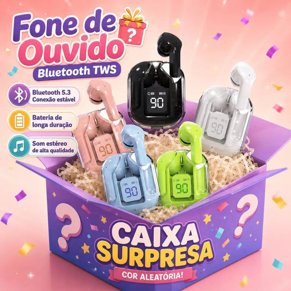 Fone Bluetooth TWS Mini, Fones Esportivos Binoculares, Grave Estéreo Profundo – Caixa Surpresa