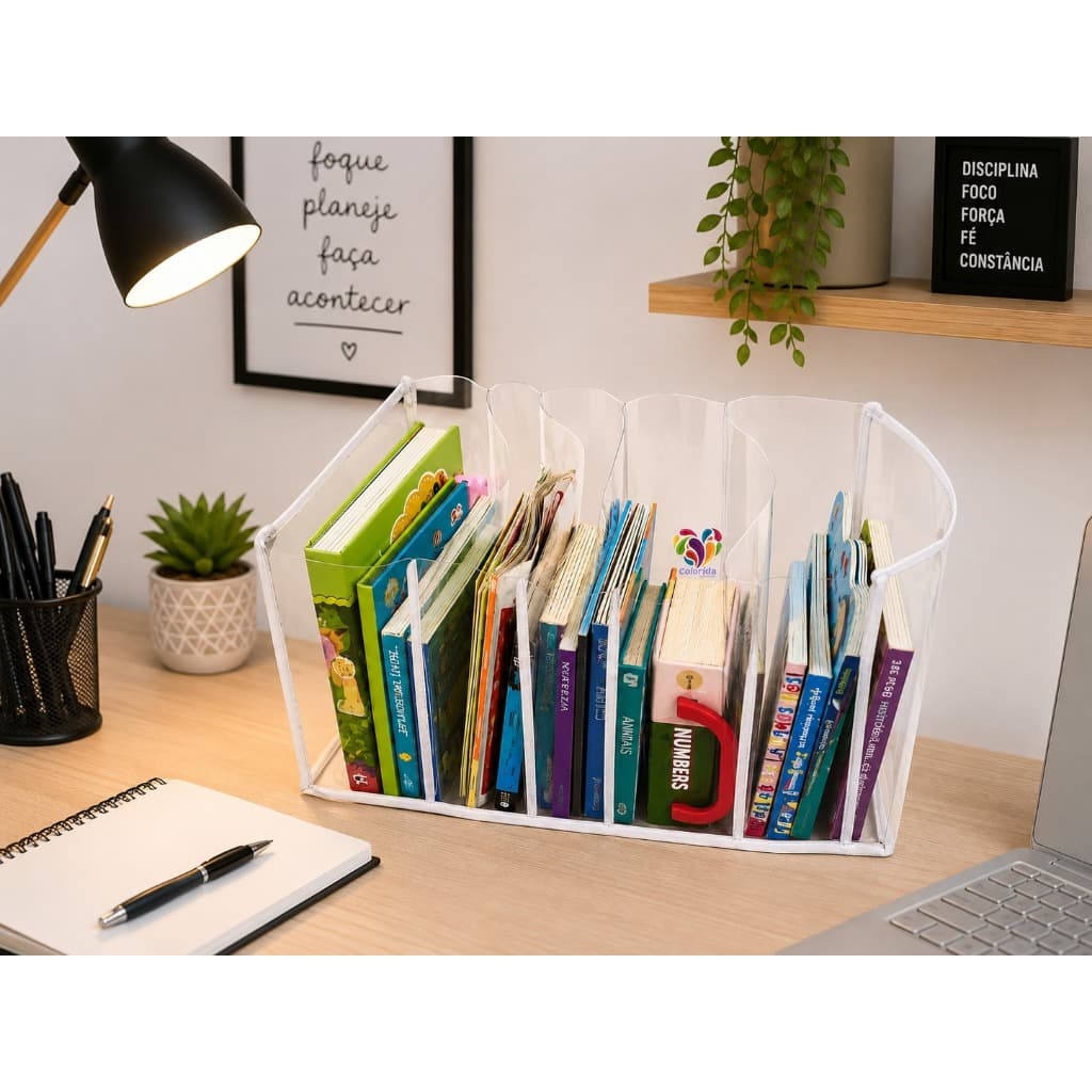Colmeia Montessori Organizadora De Livros Transparente Multiuso Prático Versátil 5 Divisórias PVC Resistente 40x25x30cm