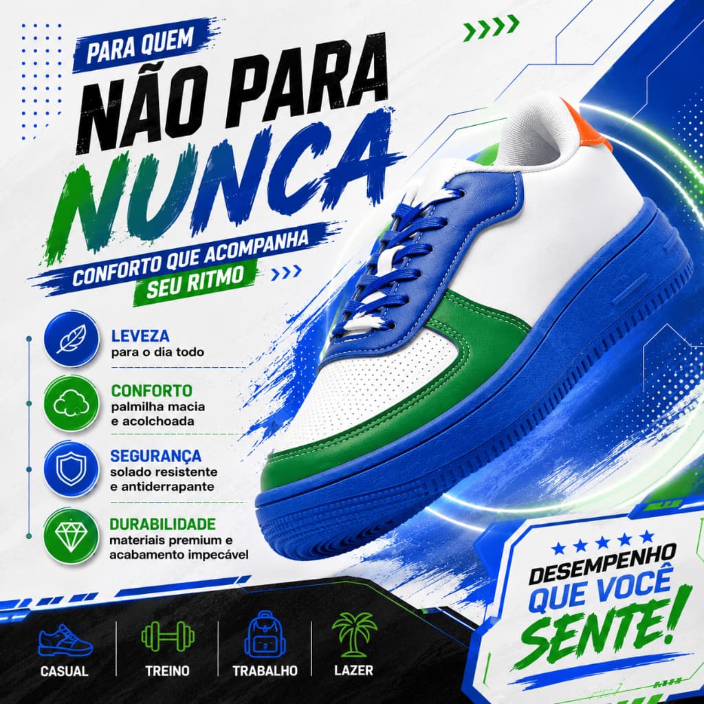 Tênis Casual Branco Unissex Cadarço Reforçado Solado Borracha Antiderrapante 36 ao 42 Leve Macio