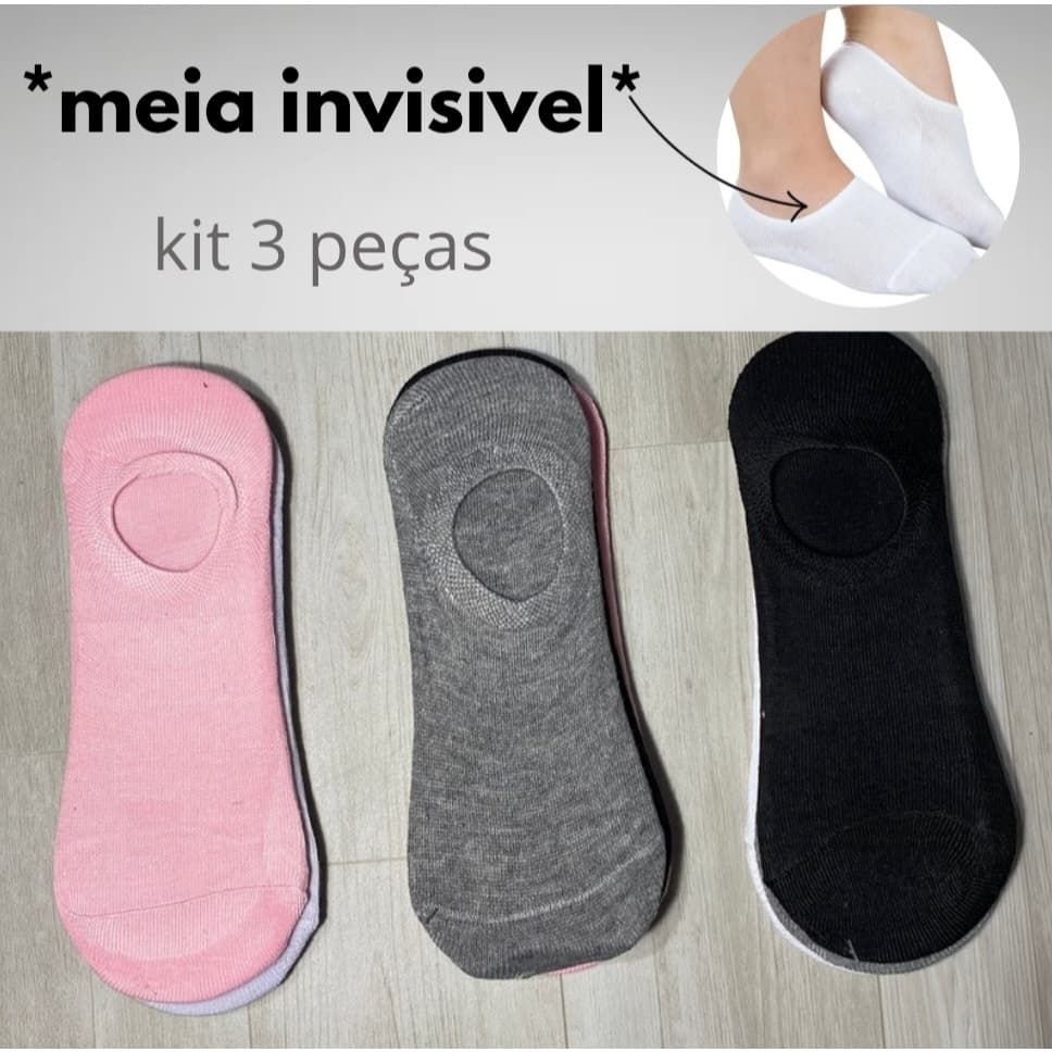 Meia invisivel kit 3 pares sapatilha feminina preta cores
