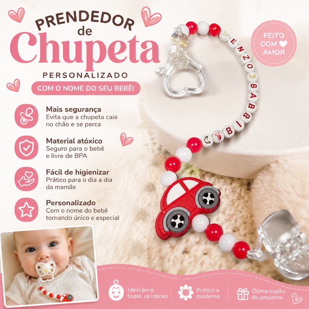 Prendedor de chupeta Personalizado com o nome da criança.