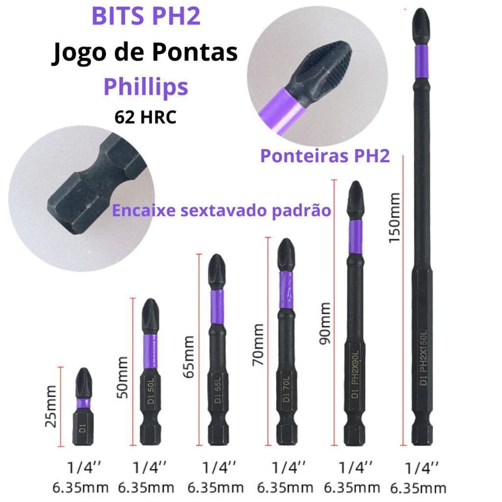 Kit 6 Bits Conjunto De Brocas Cruzadas Magnéticas PH2 6 Peças De Chave De Fenda De Impacto Ferramentas Manuais