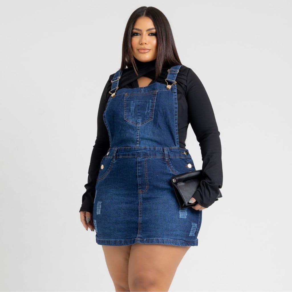 Macacão Jardineira Saia Jeans Feminina Plus Size C/ Lycra Barra Cintura Alta