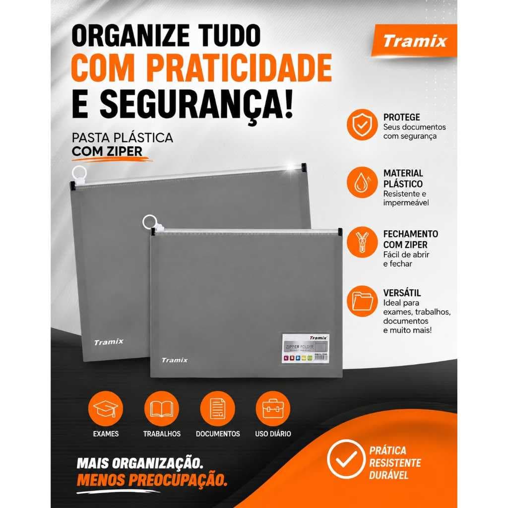Pasta multifuncional com zíper para documentos