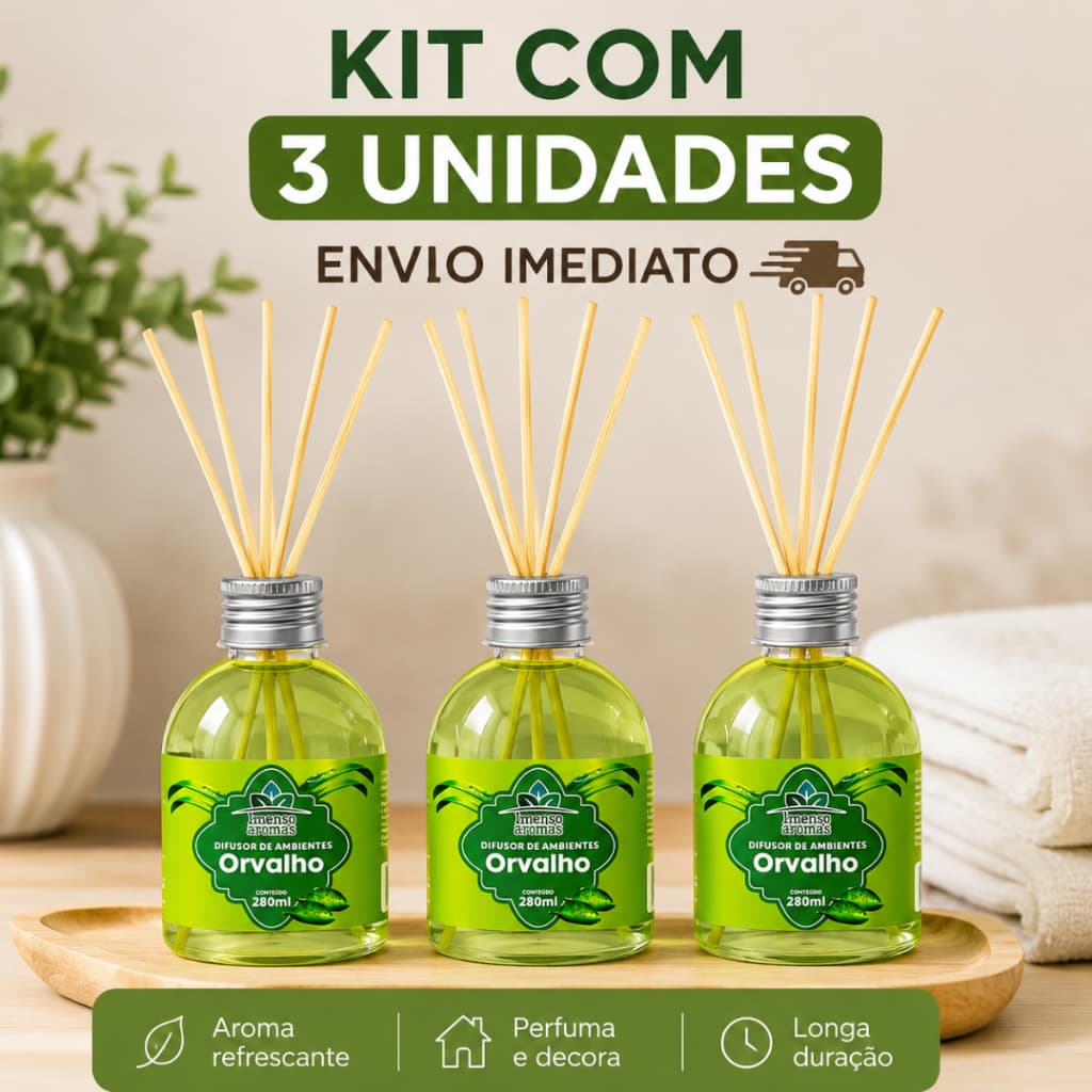 Kit 3 Difusor De Aromas Orvalho 280ml Aromatizador De Ambiente Com Varetas Perfume Casa Banheiro Sala