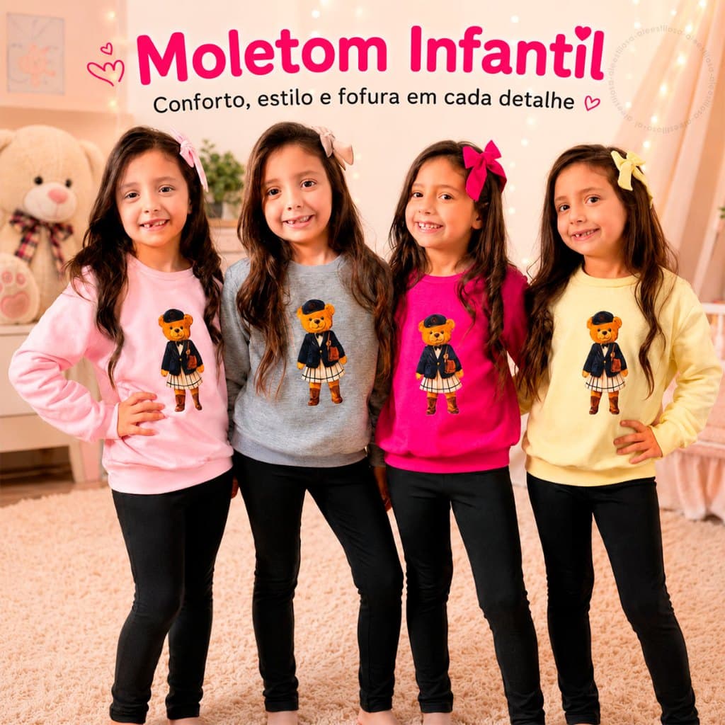 Moletom Infantil Menina Estilo Ursinho Moda gringa Flanelado Puro Algodão
