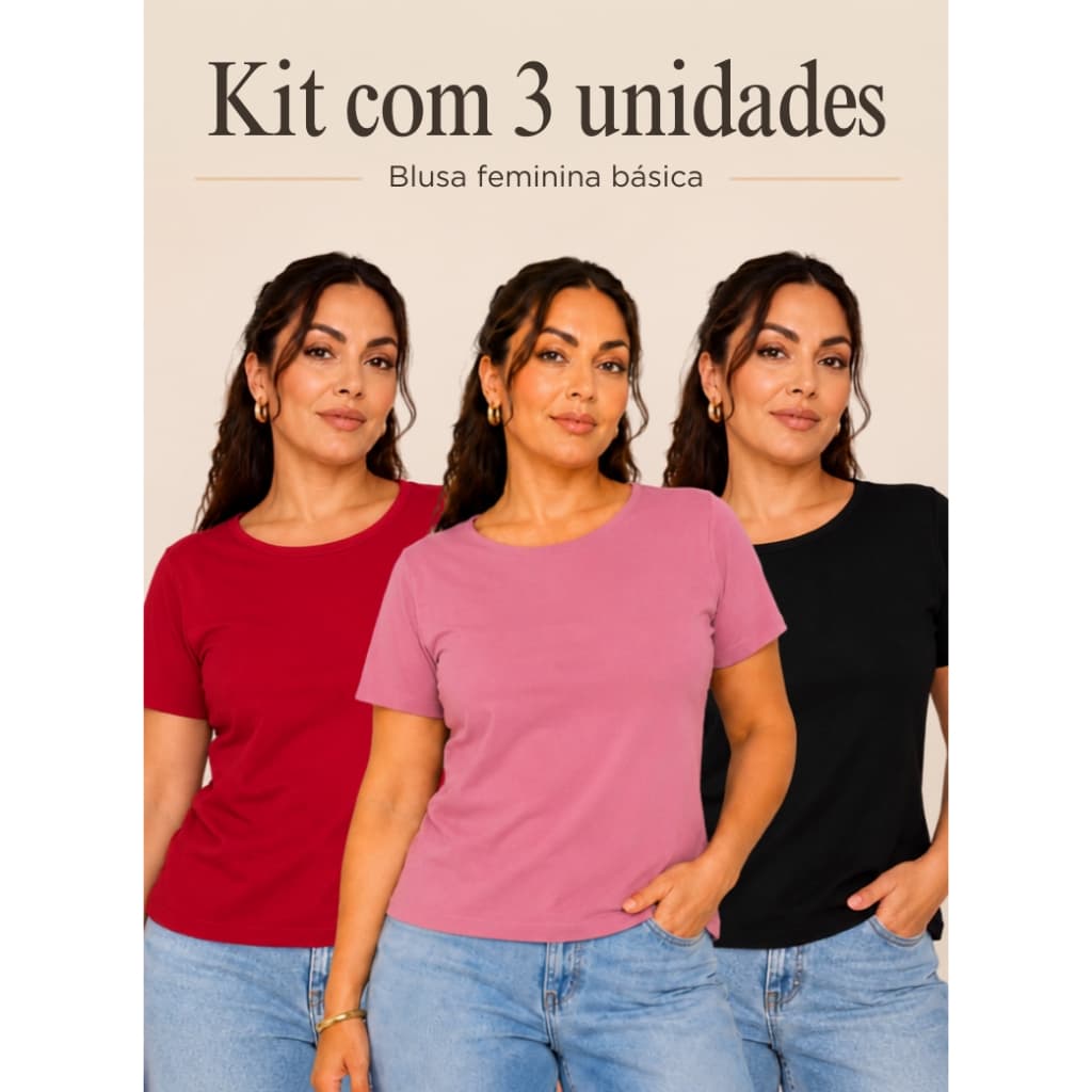 Kit 3 Blusas Femininas Viscolycra Básica | Blusinha Barata para Trabalho e Dia a Dia