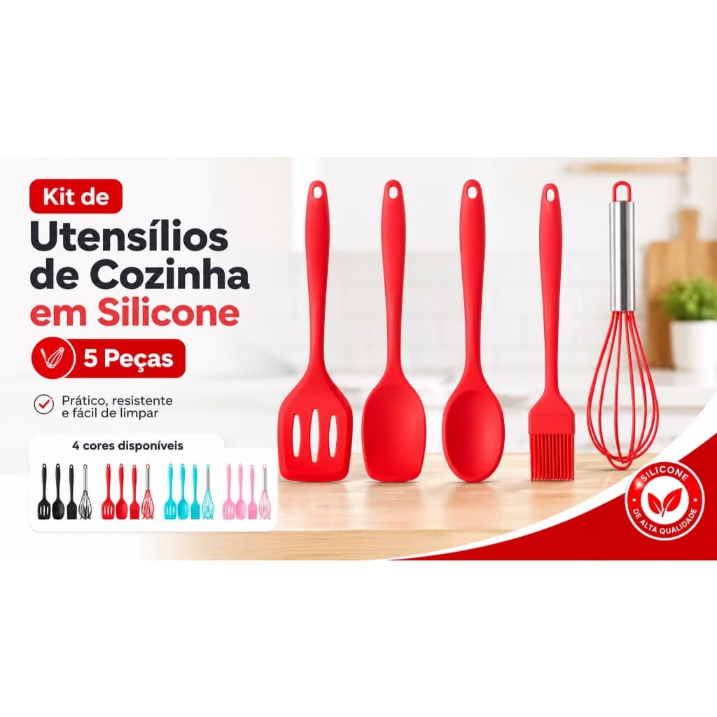 Kit 5 Utensílios de Cozinha em Silicone com Espátulas, Colher, Pincel e Batedor