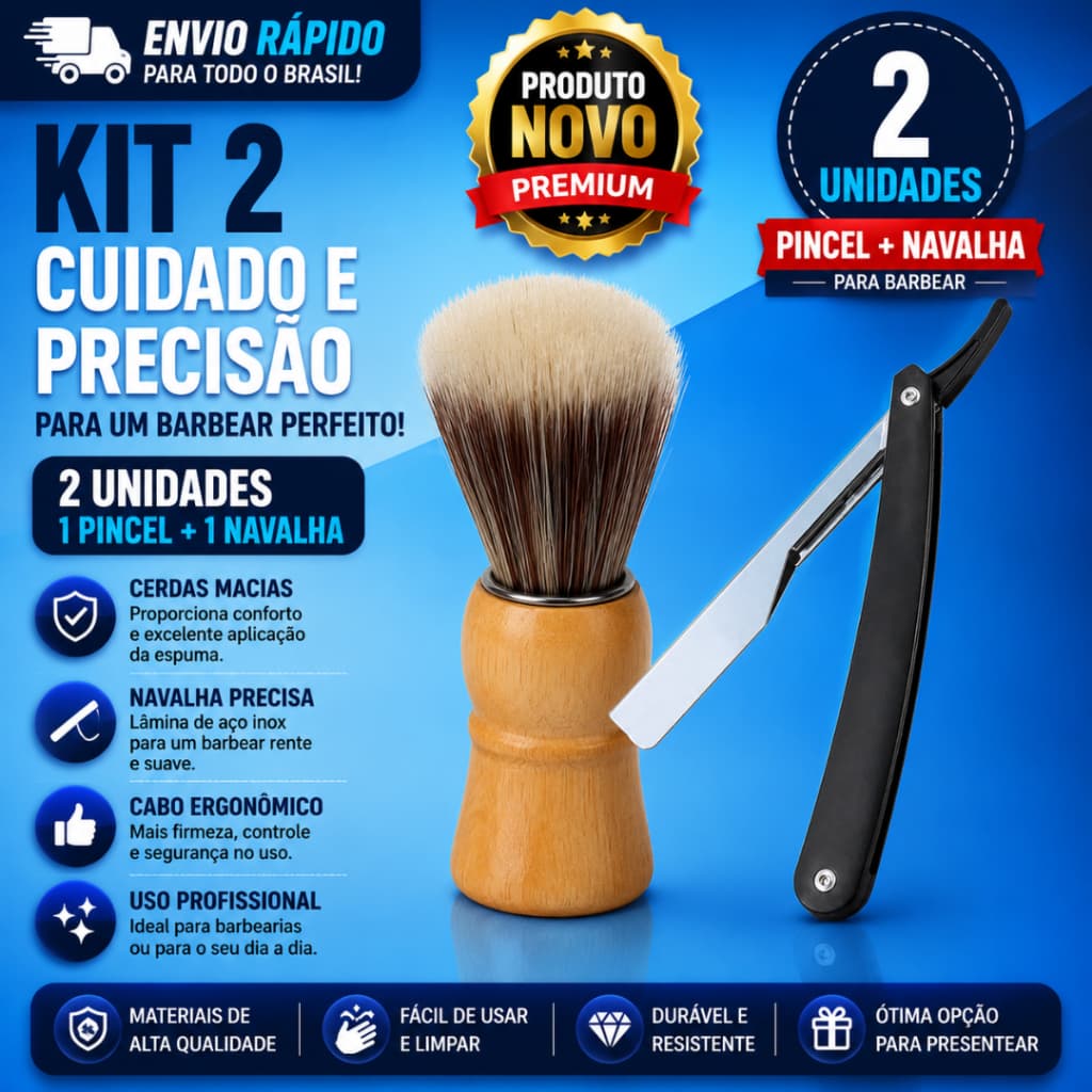 Conj 2 Pincel + Navalha  para Barbear Conj 1 Pincel de barbear  Conj 1 Navalha para Fazer a Barba
