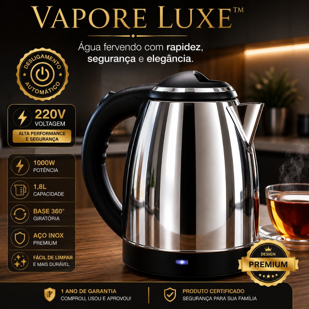 Chaleira Elétrica Inox 1,8L 1000W 220V Desligamento Automático Base 360° Vapore Luxe™