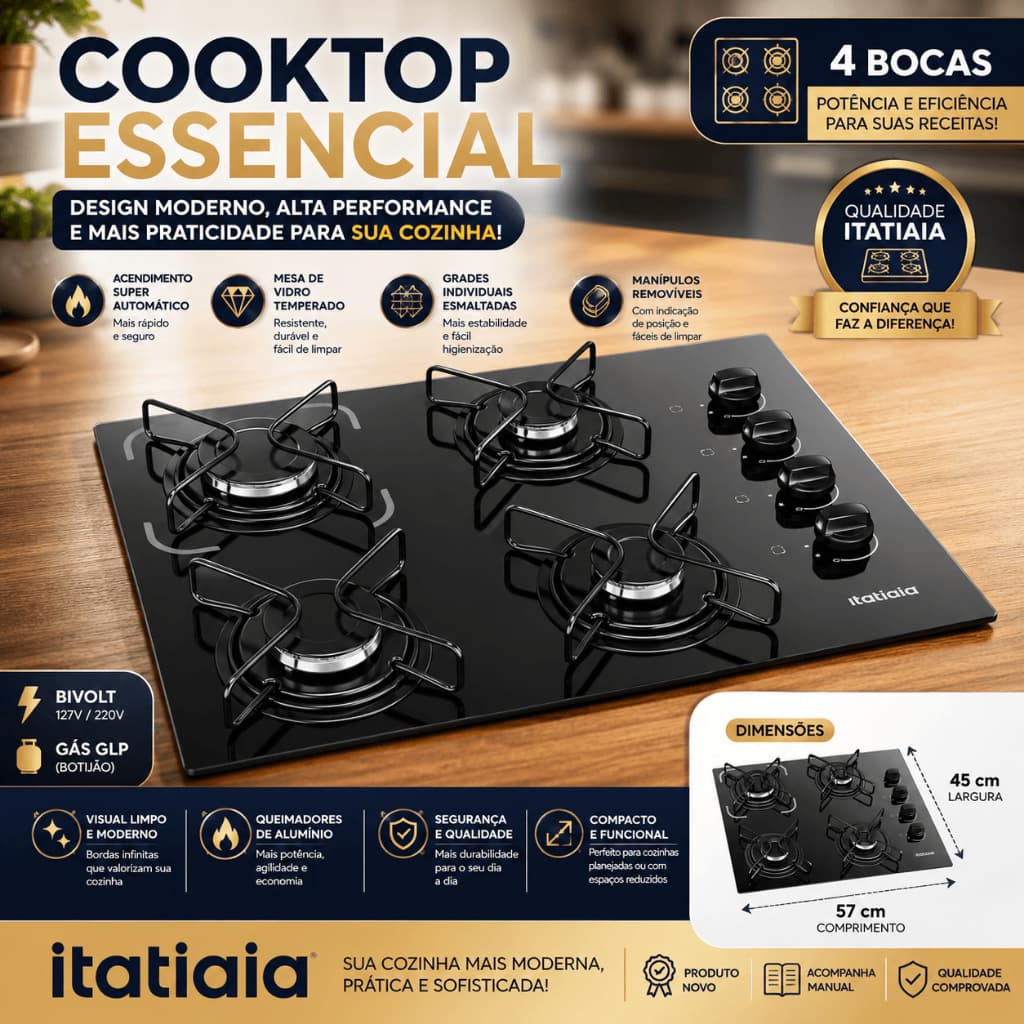 Cooktop Itatiaia Essencial 4/5 Bocas a Gás Bivolt Mesa de Vidro Temperado Acendimento Super Automático