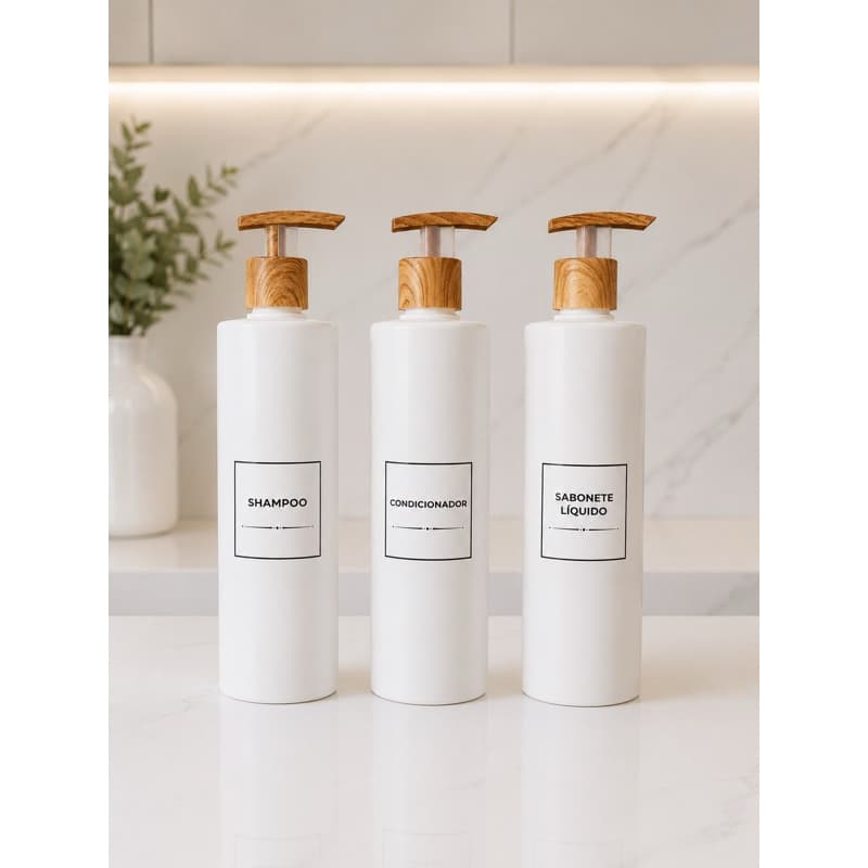 Kit 03 Frascos Banheiro Branco Luxo 500ml + Valvula Pump Madeira