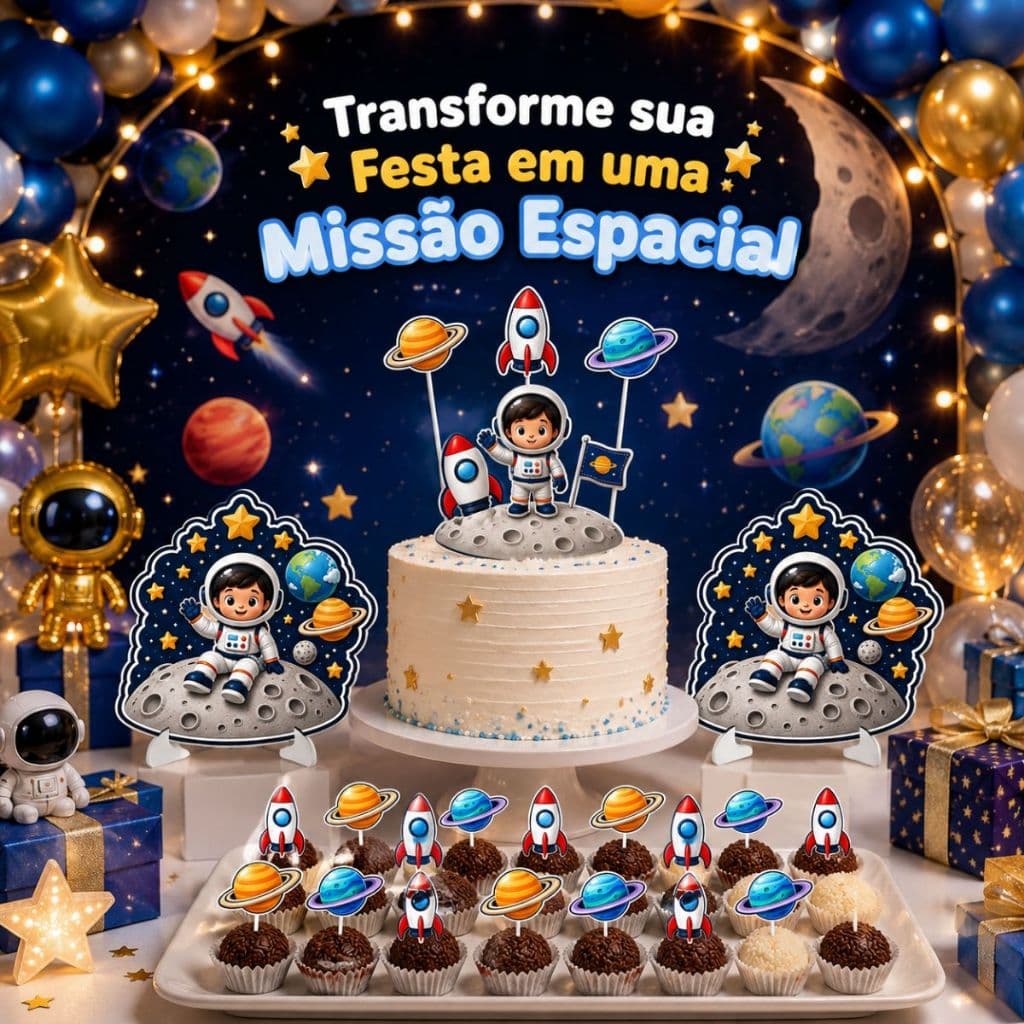 Kit Decoração Astronauta Festa Infantil Topo Bolo Completo