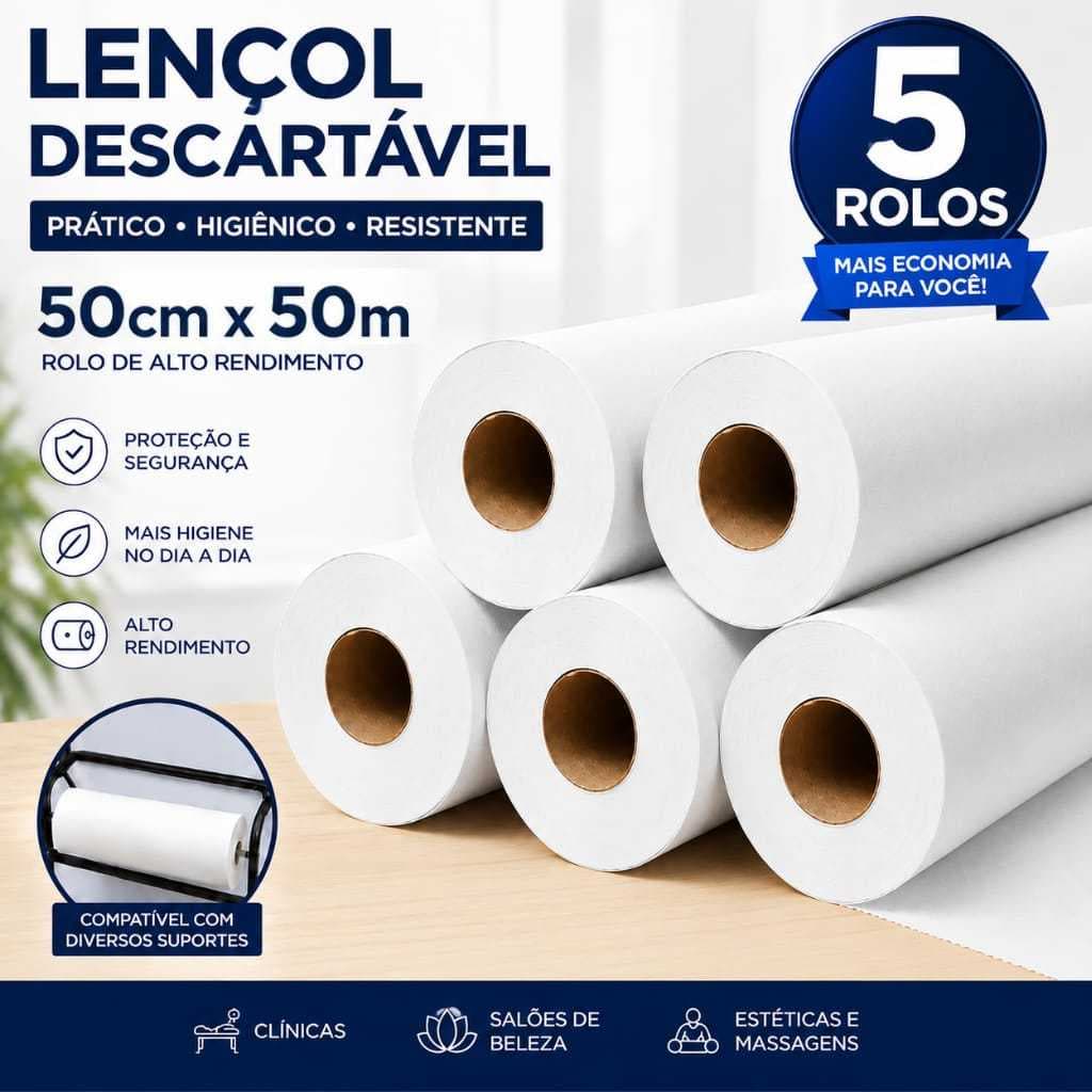 Lençol Descartável para Maca 50cm x 50m Kit 5Rolos Papel Hospitalar Clínicas Estética Consultó Branco  Outras opções11