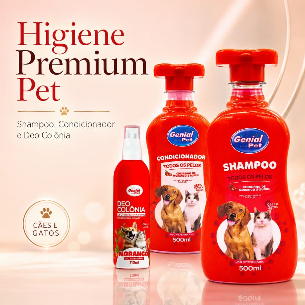 Shampoo e Condicionador Pet Genial Pet Todos os Pelos Morango Hidratação e Brilho para Cães e Gatos
