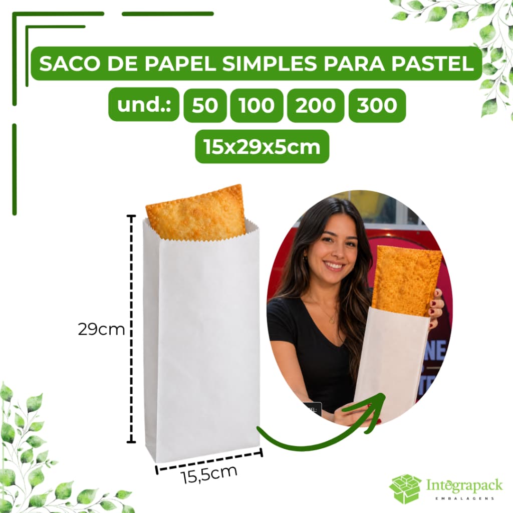 Saco de Pastel Branco Liso 15x29x5cm Embalagem Pastel Delivery Lanchonete Food Service Antigordura