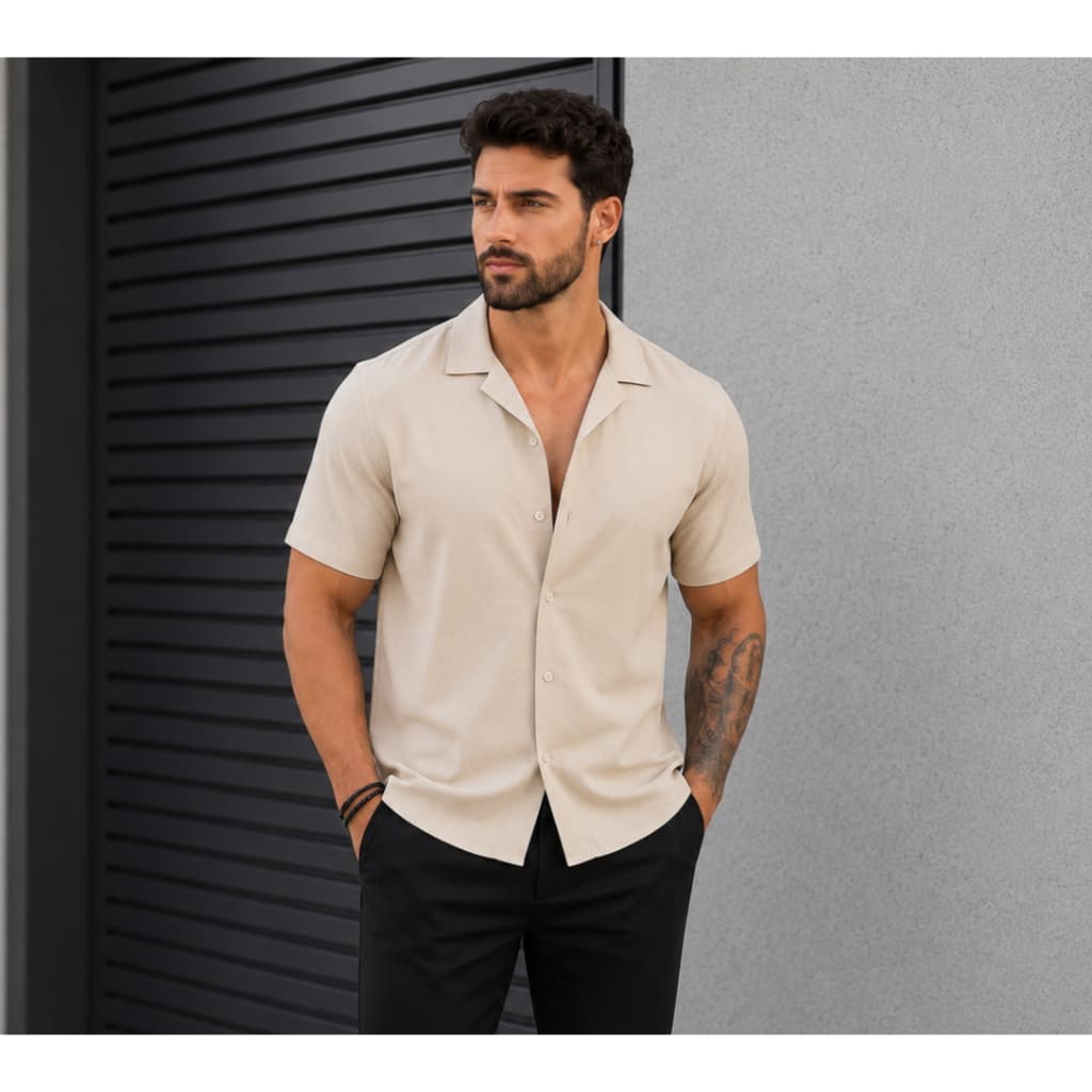 Camisa Social Masculina Manga Curta Gola Cubana Casual Slim Fit Viscose