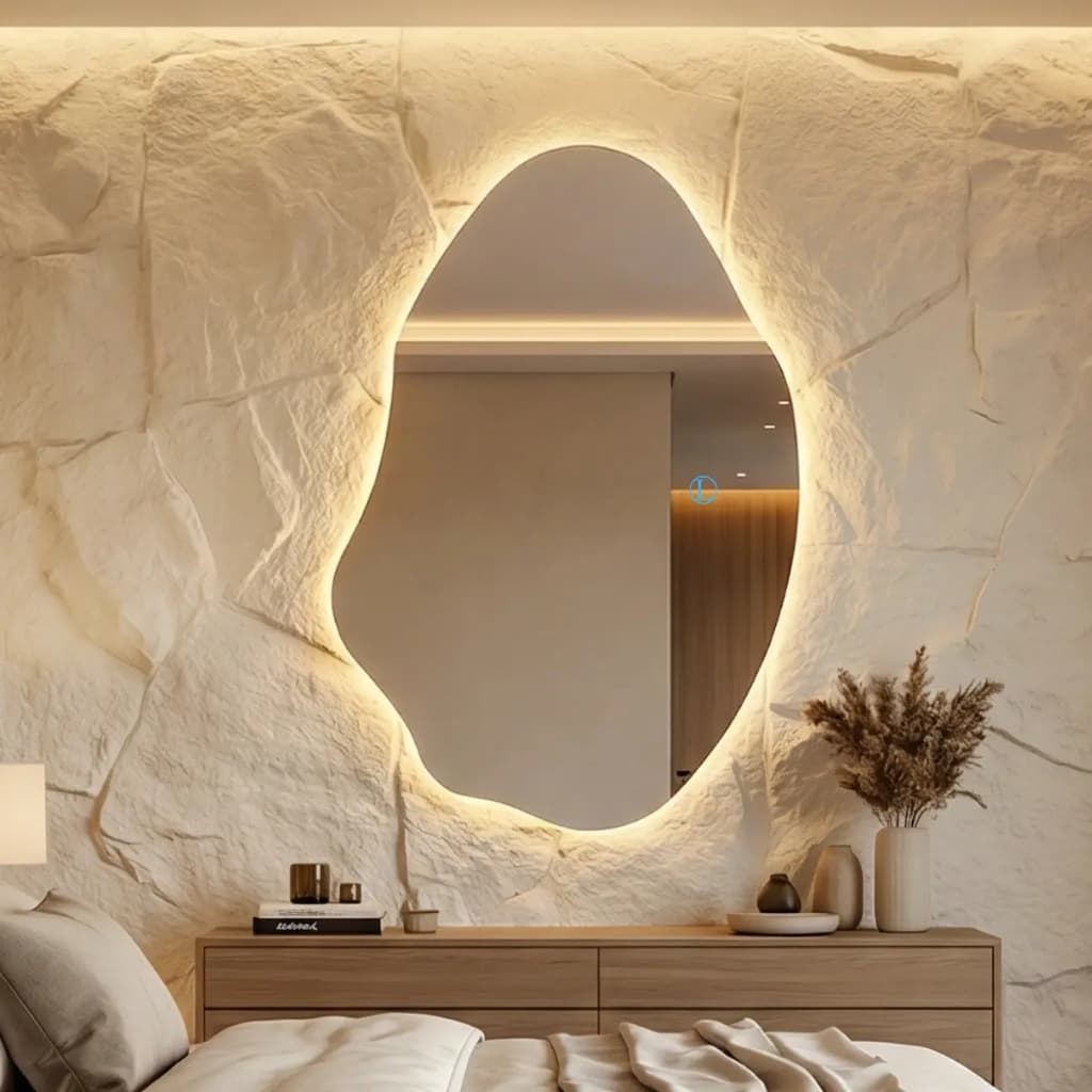 Espelho Orgânico Lopazzi Grande com 3 Tonalidades de LED 70x50cm com Touch Quente Neutro e Frio para Decoração de Luxo