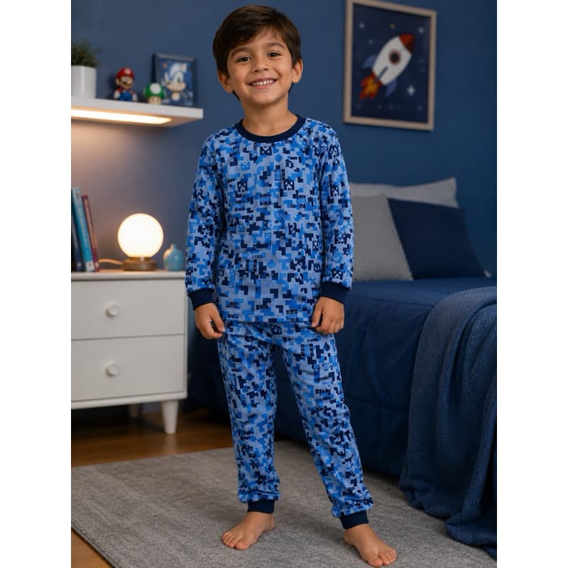 Pijama Infantil Manga Longa Menino Estampado  Tecido Poliéster Tam. 2 ao 12