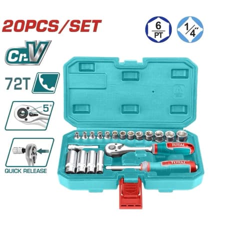 Jogo de Soquetes Total THT141201 20 Peças 1/4” com Chave Catraca 45 Dentes e Maleta