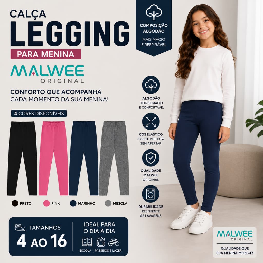 CALÇA LEGGING MALWEE INFANTIL CALÇA UNIFORME MENINA COTTON BÁSICA