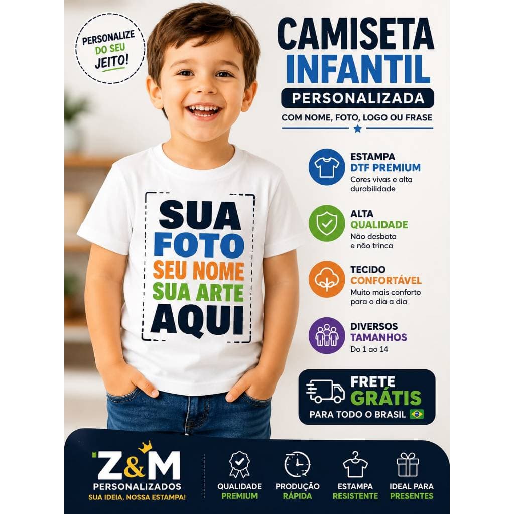 camiseta infantil  personalizada , nome ,foto ,frase ,desenho/Estampa DTF Premium