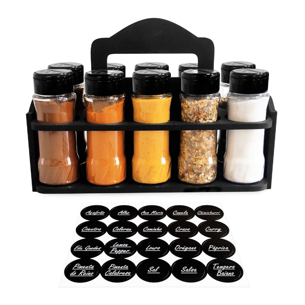 10 Potes Tempero Plástico com Suporte Madeira Preto ou Bege com Alça para Condimentos com Etiquetas