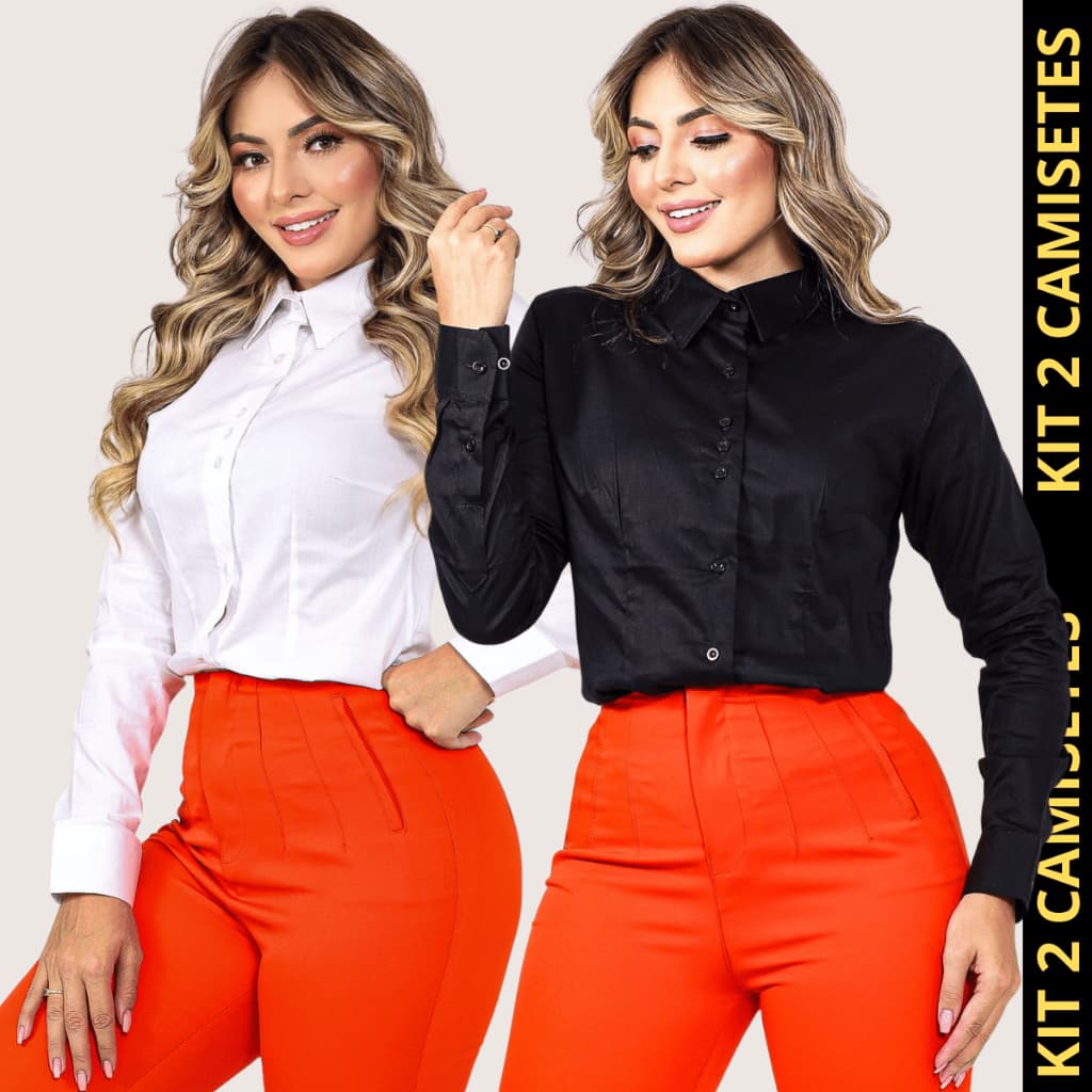 Kit 2 Camisetes Feminina Social Manga Longa Lisa Elegante Trabalho Casual