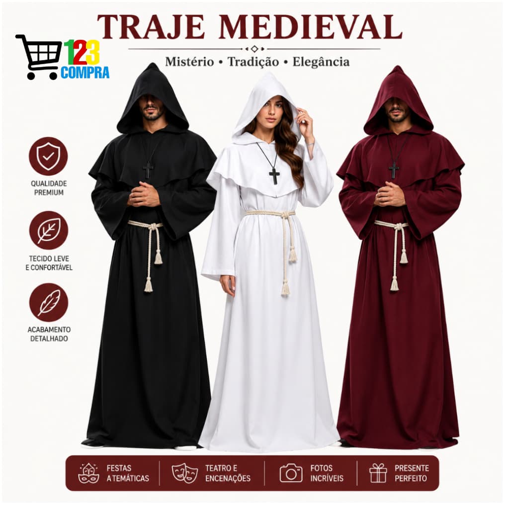 Fantasia Monge Medieval com Capuz Unissex Adulto – Halloween Cosplay