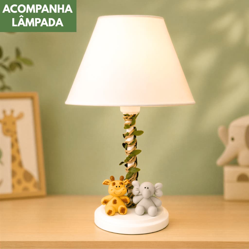 Abajur Infantil Luminária Safari Luxo Animais Quarto Bebê e Criança