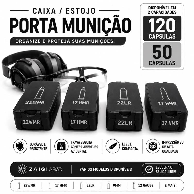 Caixa Estojo Porta Muniç-ã0 120 Capsulas 22LR / 22WMR / 17HMR / 9MM / 12Gauge + VÁRIOS MODELOS