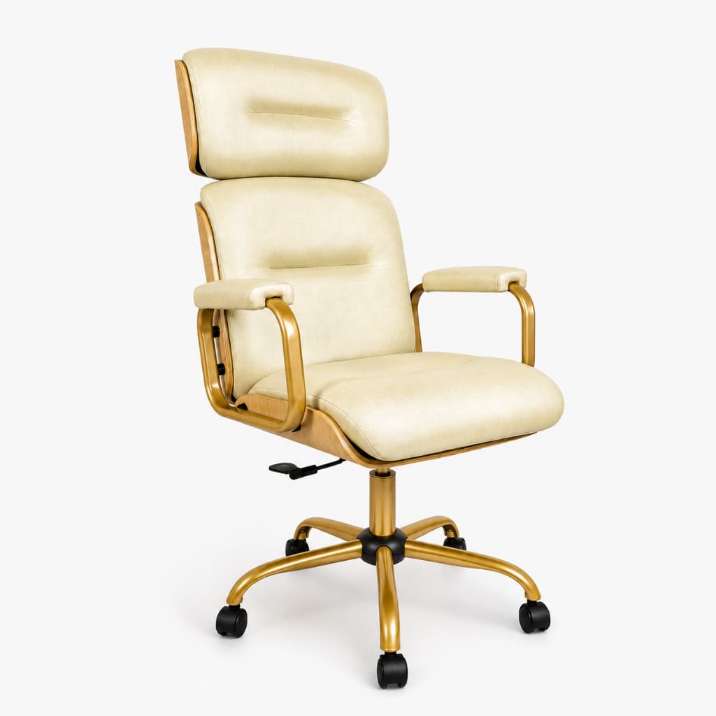 Cadeira de Escritório Presidente WOOD Madeira Clara Base Dourada Giratória Clinicas Medicas Estética