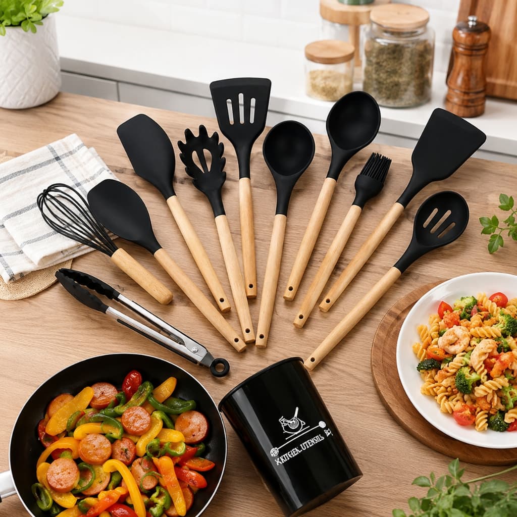 Kit Utensílios de Cozinha 12 Peças Silicone Premium Cabo de Madeira Antiaderente Resistente ao Calor com Suporte