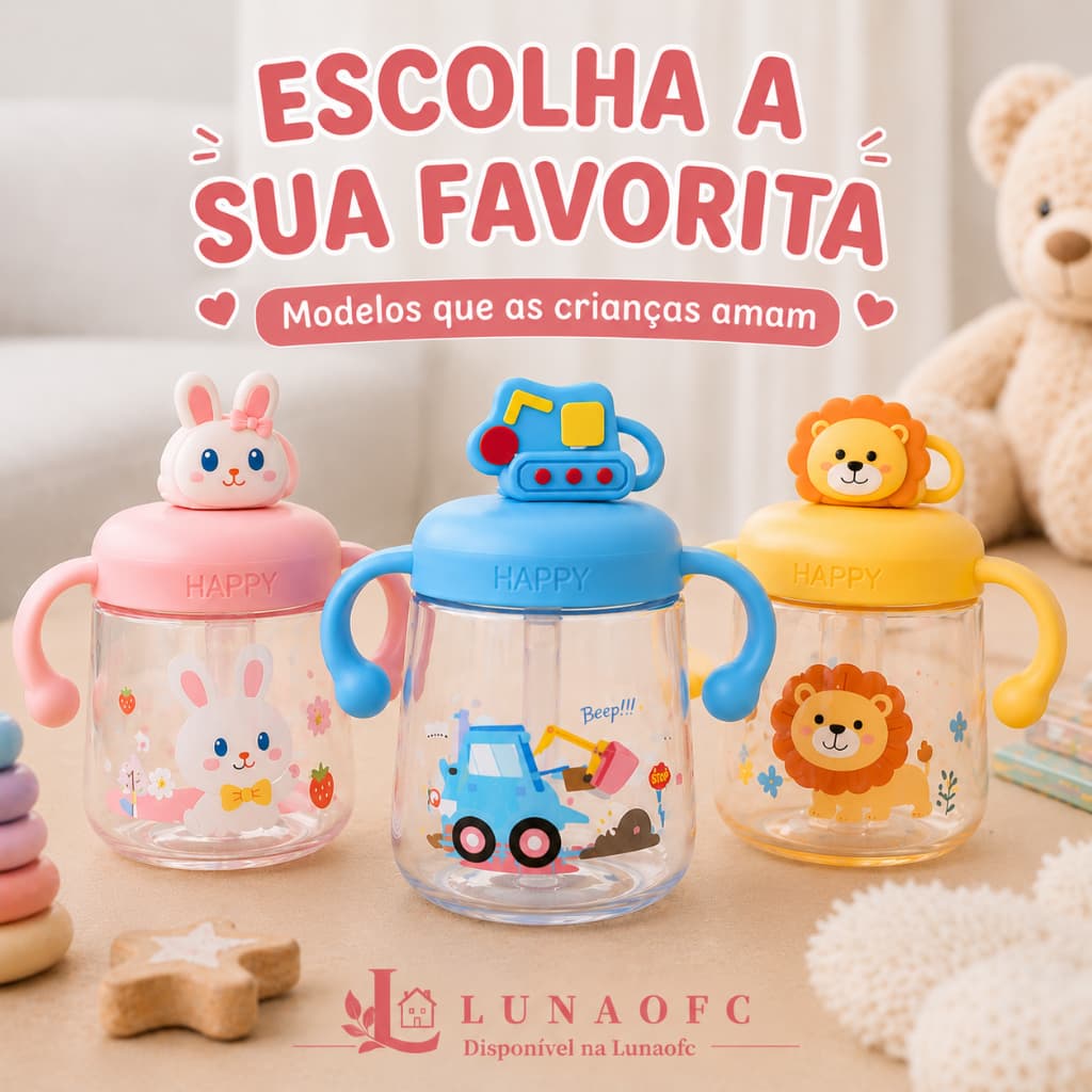 Copo Mamadeira Infantil com Canudo e Alça 3D Antivazamento Garrafinha Escola Passeio Fofo