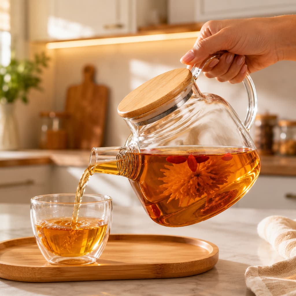 Chaleira de Vidro Borossilicato com Infusor Inox Tampa Bambu para Chá Café Infusões 1000ml