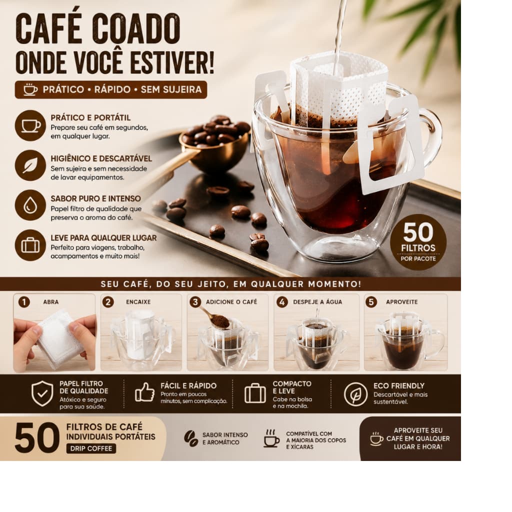1 Pacote de 50 Filtros de Café Individuais Portáteis com Alça para Copo (Drip Coffee)