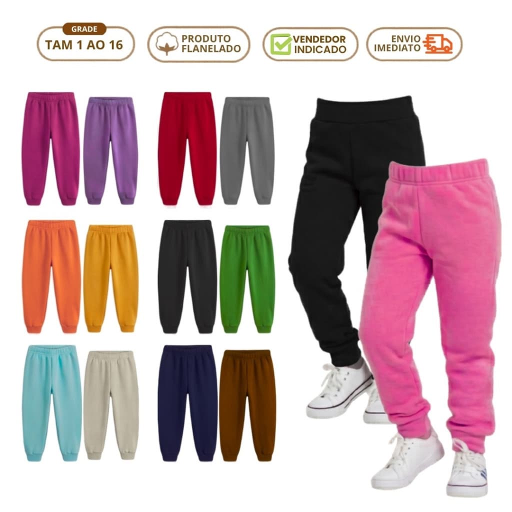 Kit 3 Calças de Moletom Infantil Inverno Menino e Menina em Algodão Flanelada e com Punho Lisa 1 ao 16 anos