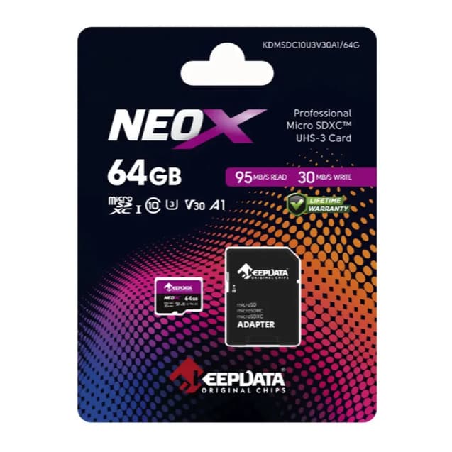 Cartão de Memória MicroSD 64GB Keepdata Neox U3 Classe 10 95MB/s 4K Full HD