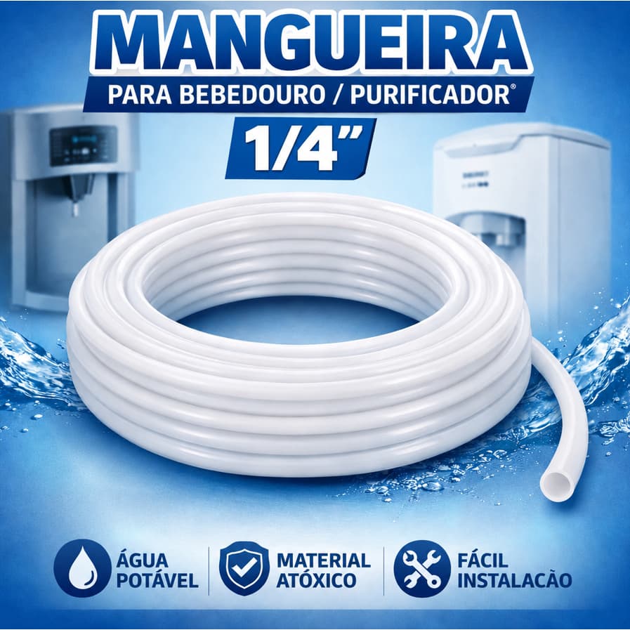 5 Metros Mangueira Atóxica Branca 1/4” PEBD – Purificador, Bebedouro, Filtro de Água, geladeiras