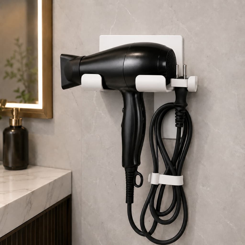 Suporte De Parede Para Secador De Cabelo Profissional Organizador Porta Secador Com Suporte Para Cabo Branco