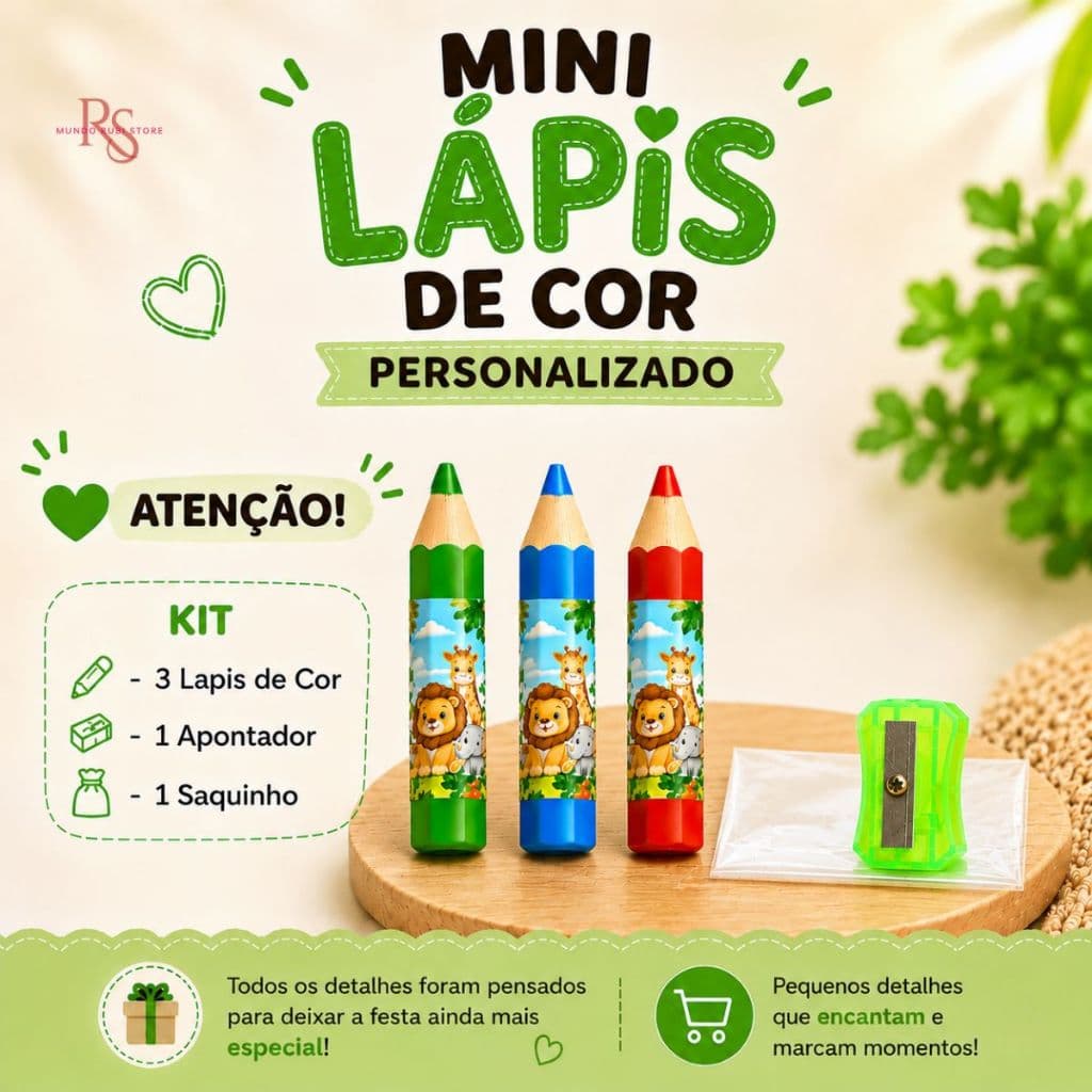 Kit Festa - Mini Lápis de Cor Personalizados Apontador Saquinho Transparente p/ Livrinhos de Colorir